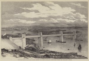 Die Britannia-Röhrenbrücke über die Menai-Straße (Stich) von English School