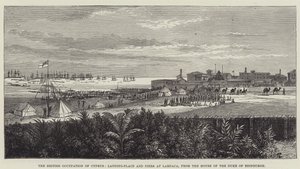 Die britische Besetzung von Zypern, Landungsplatz und Piers in Larnaca, vom Haus des Herzogs von Edinburgh aus (Gravur)