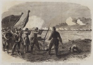 Der Bürgerkrieg in Amerika, Gefecht zwischen dem 71. New Yorker Regiment und einem Alabama-Regiment in der Schlacht von Bull Run (Stich) von English School
