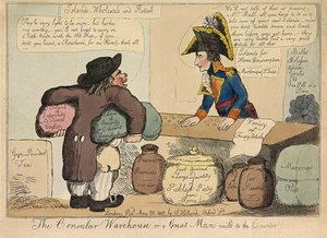 Das Konsularlager oder ein großer Mann an den Tresen genagelt, veröffentlicht 1802 (handkolorierte Gravur) von English School