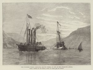 Das Zylinderschiff Cleopatra verlässt Ferrol im Schlepptau des Dampfschleppers Anglia (Gravur) von English School