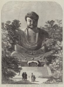 Der Daiboodh, oder kolossale Bronzestatue eines buddhistischen Idols, im Tempel von Kamakura, Japan von English School