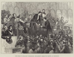 Der Herzog von Connaught verteilt die Königinnenpreise für Zeichnen in der Guildhall (Gravur) von English School