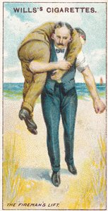 Der Feuerwehrmann-Hub Nr. 2, Nr. 19 aus der Erste-Hilfe-Serie von Willss Zigarettenkarten, 1913 von English School