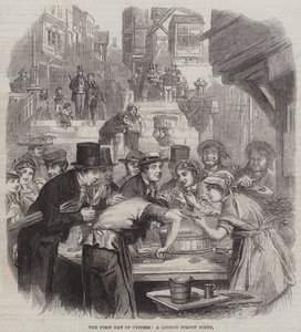 Der erste Tag der Austern, eine Straßenszene in London (Stich) von English School