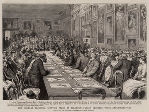 Die Generalwahl, schottische Peers im Holyrood Palace wählen ihre Vertreter von English School