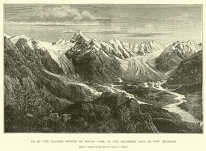 Das Gletschersystem des Mount Cook, in den Südalpen von Neuseeland