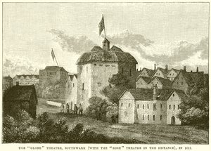 Das Globe Theatre, Southwark (mit dem Rose Theatre in der Ferne), im Jahr 1613 von English School