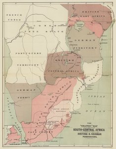 Die Grafik-Karte von Süd-Zentralafrika, die die britischen und deutschen Besitzungen zeigt (Farblithografie) von English School