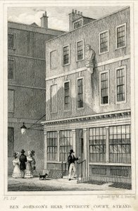 Das griechische Kaffeehaus, Devereux Court, Strand, mit einer Büste von Ben Johnson (Gravur)