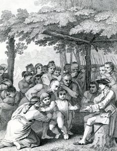 Die Indianer übergeben die englischen Gefangenen an Colonel Bouquet in der Nähe seines Lagers an den Gabelungen von Muskingham in Nordamerika, graviert von Canot, 1764