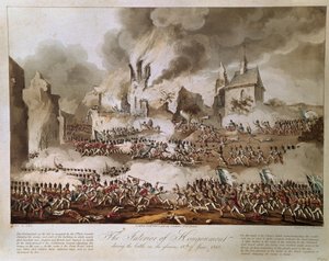 Das Innere von Hougoumont während der Schlacht am glorreichen 18. Juni 1815, graviert von T. Sutherland, veröffentlicht 1816 (Aquatinta) von English School