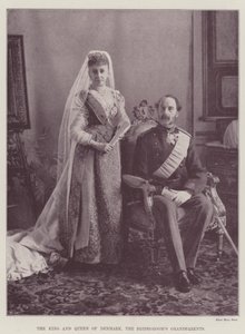 Der König und die Königin von Dänemark, die Großeltern des Bräutigams (Gravur) von English School