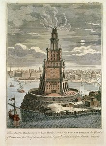 Der Marmorturm oder Leuchtturm, errichtet von Ptolemaios Soter auf der Insel Pharos, nahe dem Hafen von Alexandria