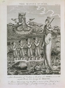 Der Matsya-Avatar oder die erste Inkarnation von Vishnu in Form eines Fisches, um die während der Sintflut verlorenen heiligen Bücher wiederzufinden, graviert von Barlow von English School