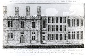 Die Nordfront des Herrenhauses in Chelsea, erbaut von König Heinrich VIII., graviert von J. Barlow, eine Illustration in A Historical and Topographical Account of Chelsea and its Environs von Thomas Faulkner