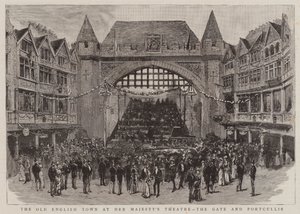 Die alte englische Stadt im Theater Ihrer Majestät, das Tor und Fallgatter von English School