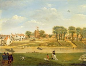 Die alte Pfarrkirche und das Dorf, Hampton-on-Thames, Middlesex von English School