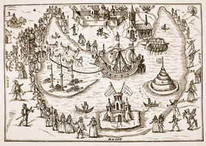 Der Teich in Elvetham während des Besuchs von Königin Elisabeth, aus The Honourable Entertainment given to the Queens Majestie in Prgresse at Elvetham in Hampshire by the Right Honble the Earl of Hertford, 1591