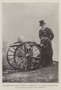 Der Prinz von Wales feuert ein Maxim-Gewehr ab, Mr. Maxim steht daneben