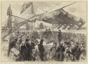 Der Prinz von Wales auf dem Wellenbrecher in Holyhead, Eröffnung des neuen Zufluchtshafens (Stich) von English School