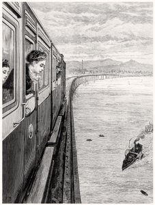 Die Rückkehr der Königin aus den Highlands; Ihre Majestät überquert die Tay-Brücke, Dundee von English School