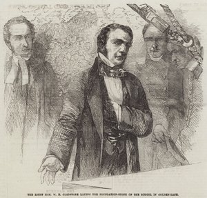 Der ehrenwerte W. E. Gladstone legt den Grundstein der Schule in Golden-Lane (Gravur) von English School