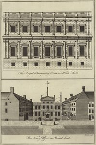 Das königliche Banketthaus in Whitehall und das Marineamt in Broad Street, London von English School