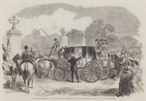 Die königliche Hochzeit, der Prinz und die Prinzessin verlassen den Buckingham Palace nach Windsor (Gravur) von English School
