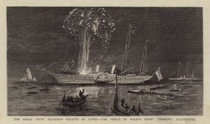 Die Regatta des Royal Yacht Squadron in Cowes, die Yacht "Osborne" des Prinzen von Wales beleuchtet