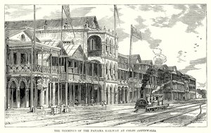 Der Endpunkt der Panama-Eisenbahn in Colon (Aspinwall) (Gravur) von English School