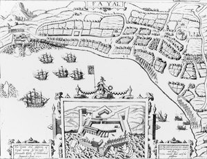 Die Stadt und Plattform von Fayall, gewonnen vom rechten ehrenwerten Earl of Cumberland, 2. September 1589 von English School