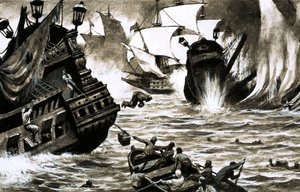 Die Schatzjäger: Spaniens versunkene Beute (Gouache auf Papier) von English School