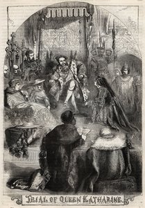 Der Prozess von Königin Katharina von Aragon im Jahr 1529, die erste Frau von Heinrich VIII., deren Ehe mit dem König annulliert wurde - Gravur aus „Geschichte Englands“ von Cassell Petter & Galpin