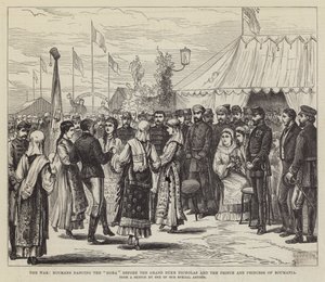 Der Krieg, Rumänen tanzen die "Hora" vor dem Großfürsten Nikolaus und dem Prinzen und der Prinzessin von Rumänien (Stich)
