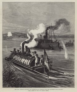 Der Krieg, russisches Kanonenboot und Torpedoboote kämpfen mit den Batterien bei Silistria (Stich) von English School