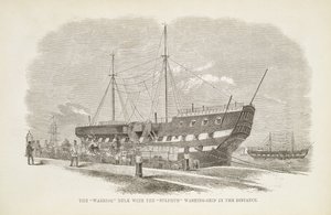 Der Krieger-Hulk mit dem Schwefelwaschschiff in der Ferne, aus The Criminal Prisons of London and Scenes of Prison Life von Henry Mayhew (1812-87) und John Binny, 1862