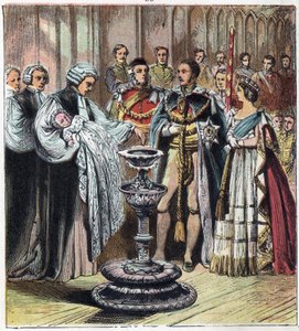 Die Taufe des Prinzen von Wales, der König Edward VII. (1841-1910) wurde, in Anwesenheit seiner Eltern, Königin Victoria I. (1819-1901) und Prinz Albert von Sachsen-Coburg-Gotha. von English School