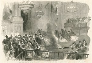 Das Brennen des Covent Garden Theatre, London - Flucht der Maskierten von English School