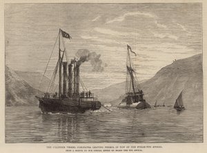 Das Zylinderschiff Cleopatra verlässt Ferrol im Schlepptau des Dampfschleppers Anglia von English School