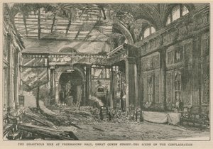 Das verheerende Feuer in der Freemasons Hall, Great Queen Street, London von English School