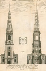 Erhebung und Aussicht des Westendes des Turms der St Brides Kirche in der Fleet Street, London von English School