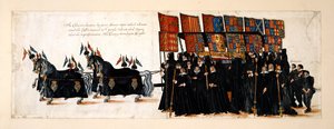 Der Trauerzug von Königin Elisabeth I. zur Westminster Abbey, 28. April 1603. Der Wagen wird von vier Pferden gezogen. Der Sarg ist mit violettem Samt bedeckt, auf dem eine Effigie der Königin liegt. Das Baldachin wird von sechs Rittern getragen, mit Gentl von English School