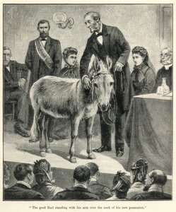 "Der gute Graf steht mit seinem Arm über dem Hals seines neuen Besitzes" (Lithografie)