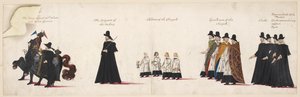 Das Pferd mit Samt geschmückt, geführt von zwei Stallmeistern; der Sergeant der Vestrie; Kinder der Chapel Royal. Teil des Trauerzugs von Königin Elizabeth I. zur Westminster Abbey, 28. April 1603