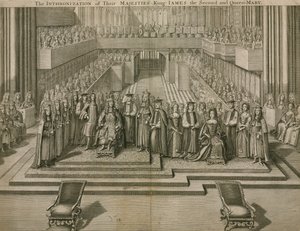 Die Inthronisation Ihrer Majestäten König Jakob II. und Königin Maria in der Westminster Abbey von English School