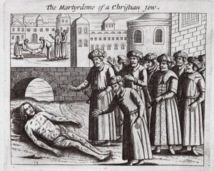 Das Martyrium eines christlichen Juden, Illustration aus Acts and Monuments von John Foxe, neunte Ausgabe, veröffentlicht 1684 von English School