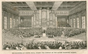 Das Orchester in Exeter Hall, London, während des Treffens der Sacred Harmonic Society von English School