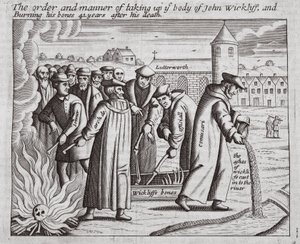 Die Ordnung und Weise der Aufnahme des Körpers von John Wickliff und das Verbrennen seiner Knochen 44 Jahre nach seinem Tod, Illustration aus Acts and Monuments von John Foxe, neunte Ausgabe, veröffentlicht 1684 von English School