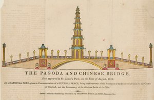 Die Pagode und Brücke, wie sie im St Jamess Park, London, am 1. August 1814 erschien von English School